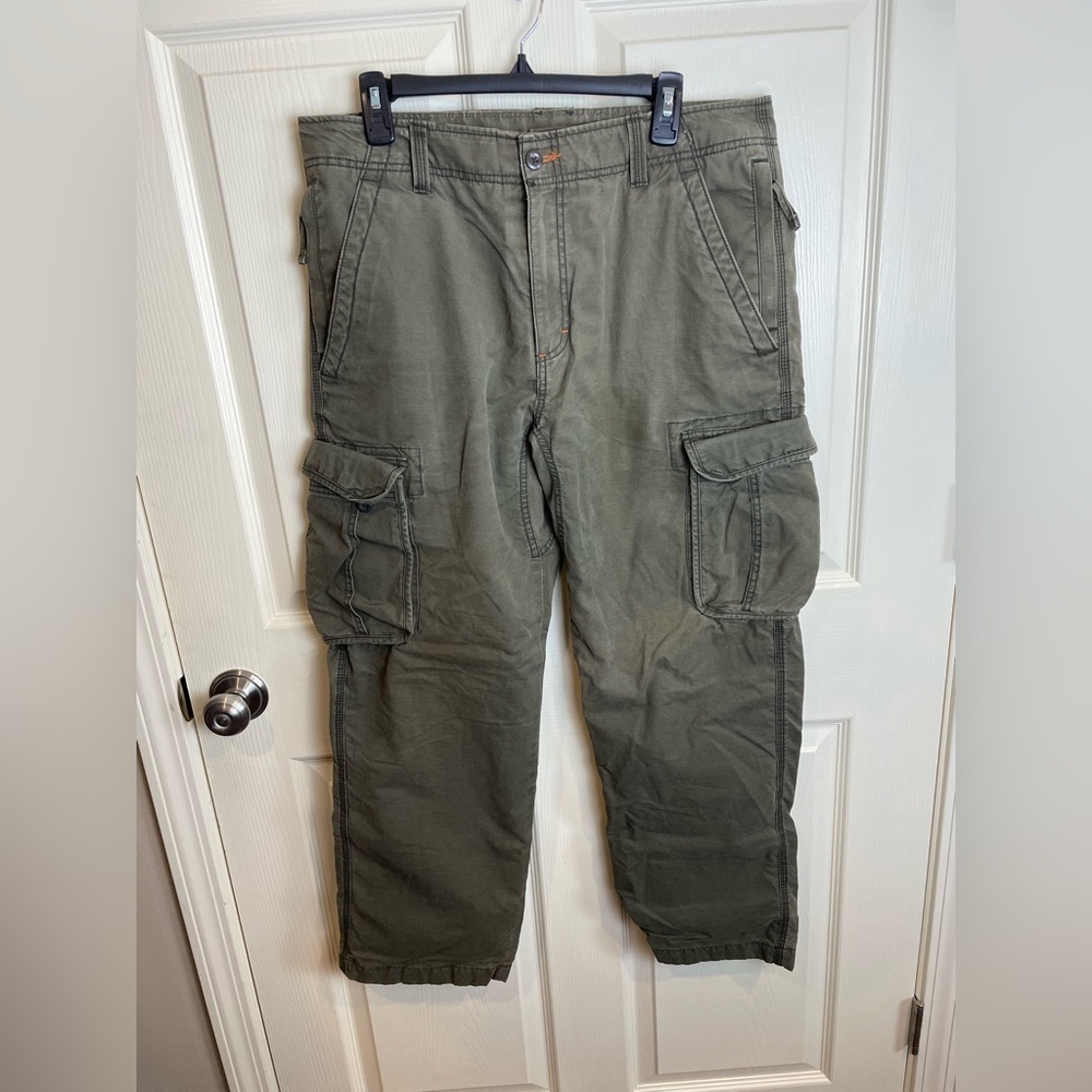 LL Bean Flannel Lined Cotton Rip Stop Natural Fit Olive Cargo Pants 38 x 30